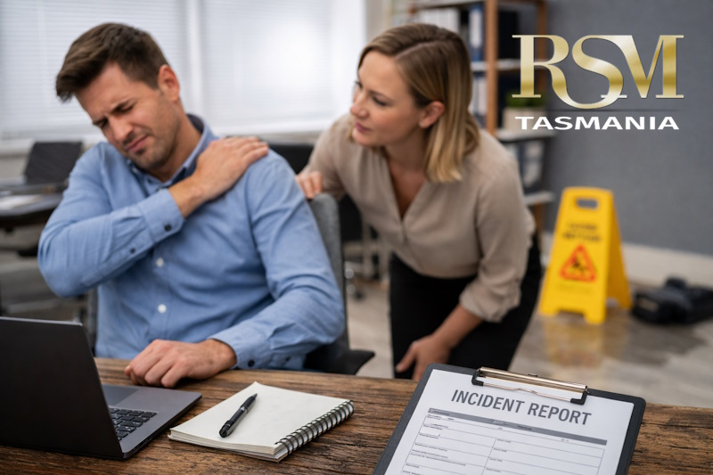 Office worker with minor injury being assisted by colleague, demonstrating why early incident reporting matters for Business Insurance Tasmania and workers compensation claims