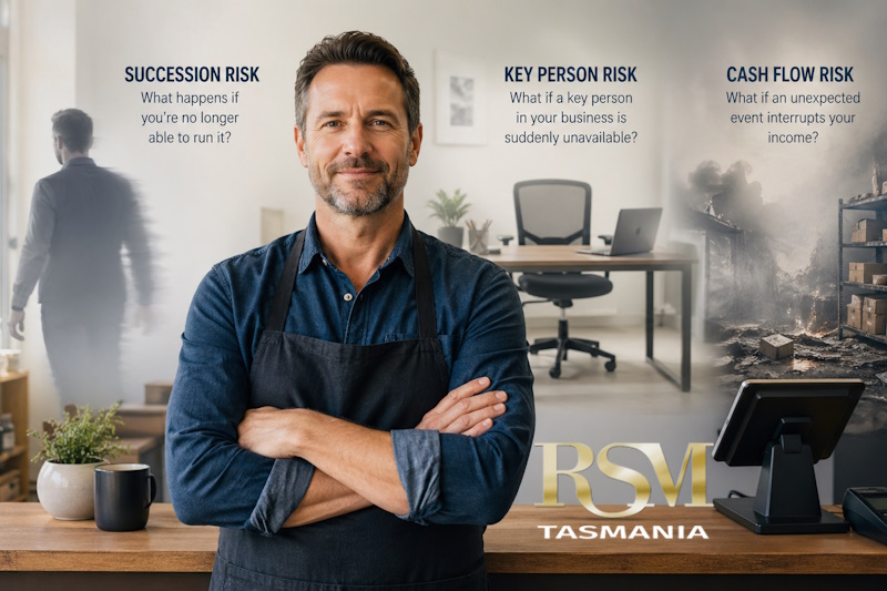 Small business owner reviewing risks including succession planning, key person dependency, and cash flow protection in Tasmania