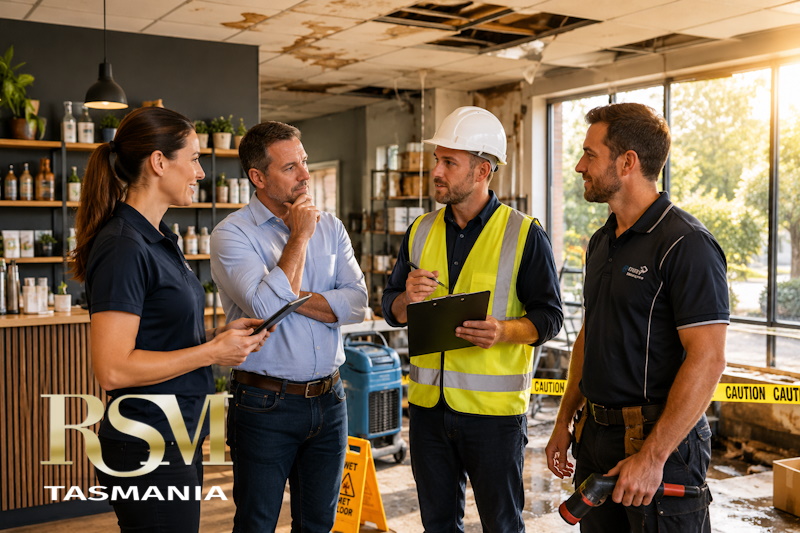 Business owner discussing a Business Insurance claim with an assessor and insurance broker in a damaged office