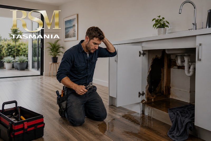 Tradesman inspecting water damage beneath a kitchen sink during a repair job in Tasmania