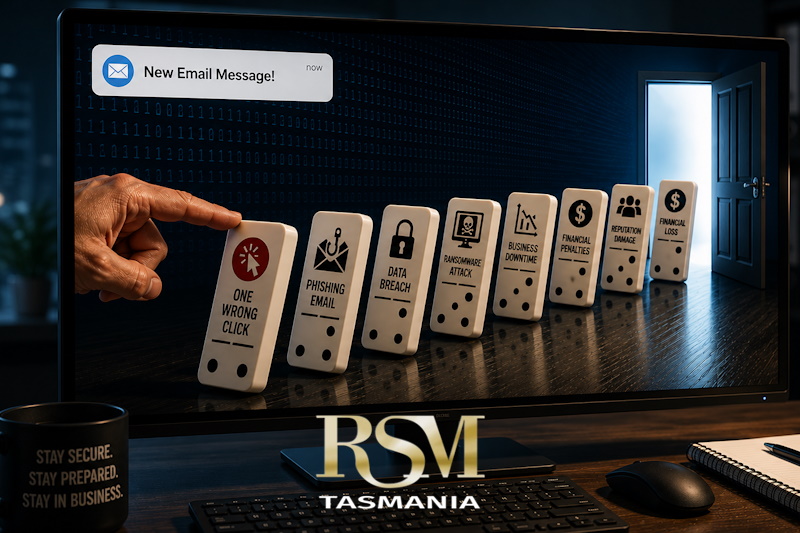 Computer monitor displaying a chain of cyber security dominoes beginning with one wrong click and ending in financial loss, illustrating business cyber risks.