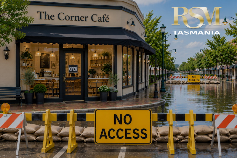A bright corner café with its lights on and an OPEN sign in the door sits ready for business, but floodwaters have closed the street. A large NO ACCESS sign and safety barriers block the road while additional barriers can be seen in the distance, illustrating how a business can be unable to trade even when its premises remain undamaged.
