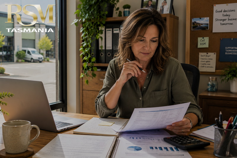 Business owner reviewing insurance documents at a desk with building plans, laptop, calculator and business equipment, representing an annual insurance review.