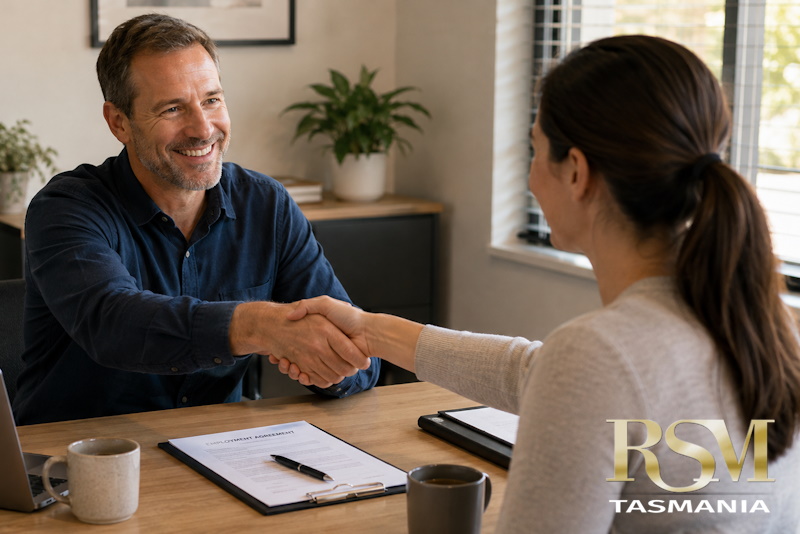 Small business owner welcoming their first employee into a modern Australian workplace on their first day of work.