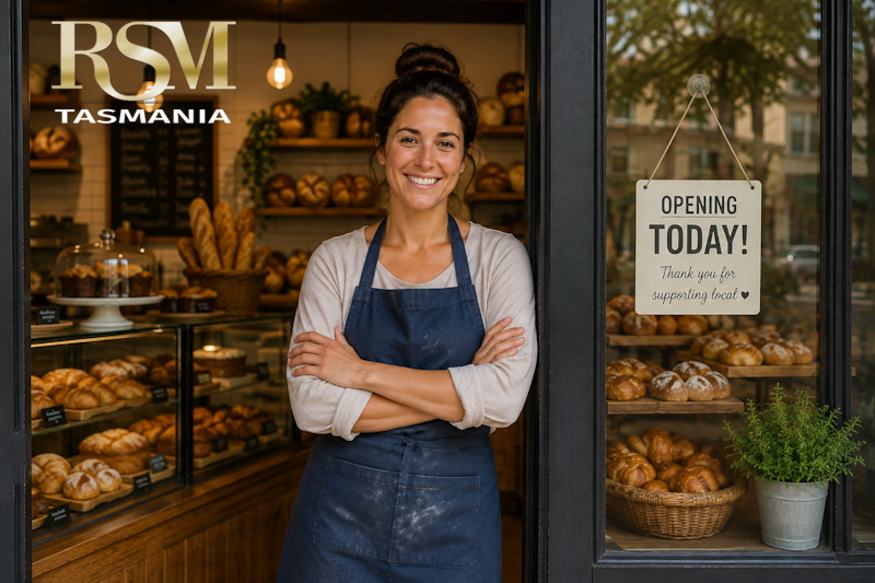A smiling bakery owner wearing a flour-dusted apron stands inside her newly stocked bakery on opening day, with fresh bread and pastries displayed around her and an Opening Today sign in the window.