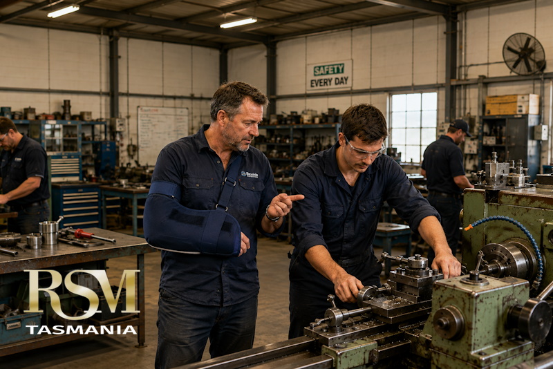 Injured worker in an arm sling showing a colleague how to operate machinery during his return to work in a Tasmanian workshop.