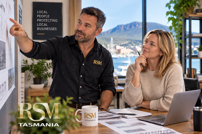 Professional Indemnity Insurance 800×533 Business adviser discussing plans with a client, representing Professional Indemnity Insurance for Tasmanian businesses.