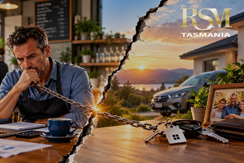 When Business Decisions Go Wrong Split image showing a concerned small business owner connected by a chain to a family home, car and house keys, illustrating the potential personal exposure of company directors.