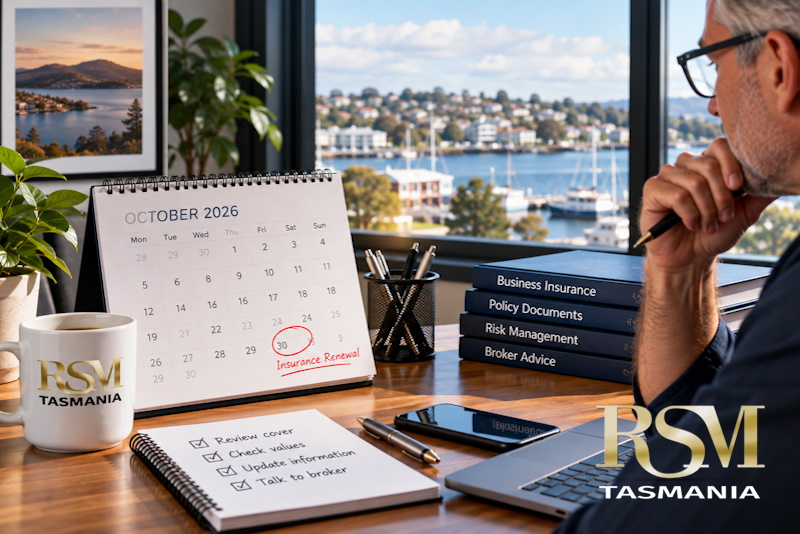 Tasmanian business owner preparing early for a business insurance renewal with policy documents and renewal calendar.