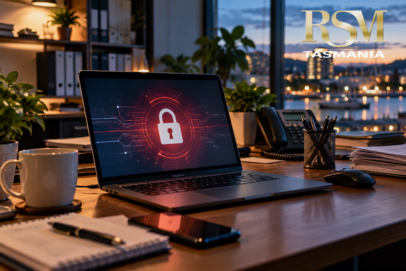 Laptop displaying a cyber security warning in a Hobart office, representing Cyber Insurance Tasmania and small business cyber risks.